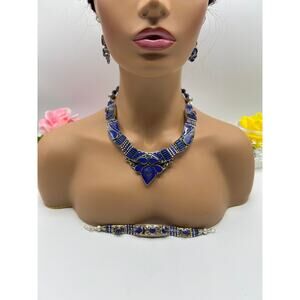 Blue Lapis Tibetan Silver Necklace Bracelet Earring Jewelry Set Handmade